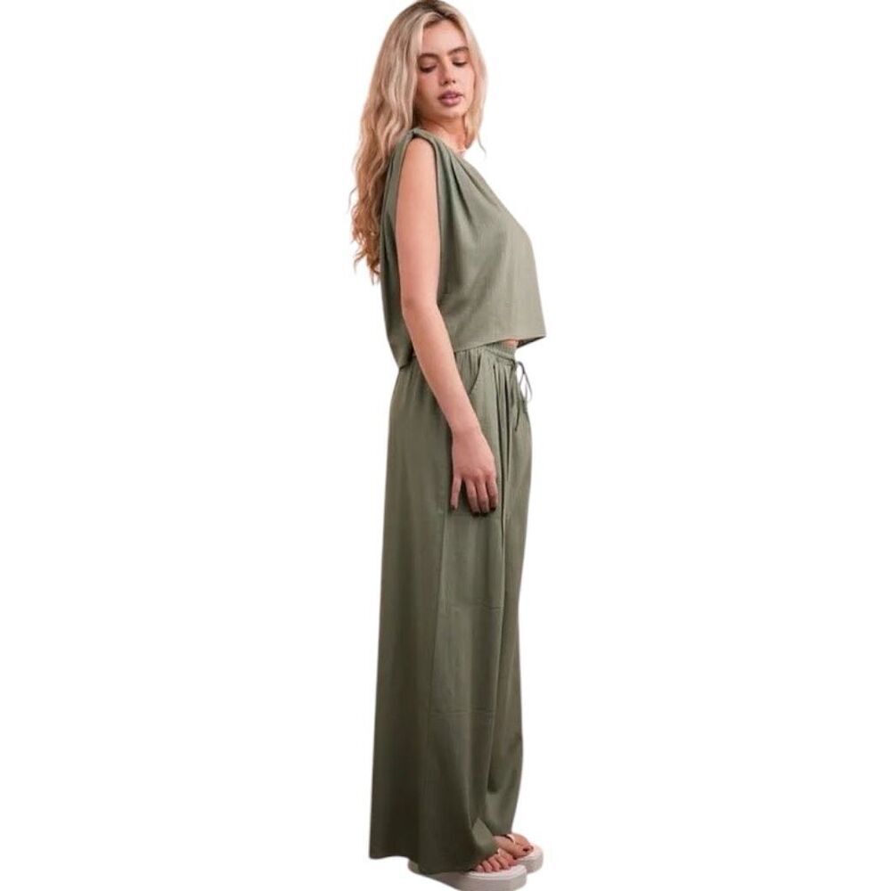 Linen Crop Top & Wide Leg Pant Set NWT | Olive Green | Very J - Picture 6 of 8